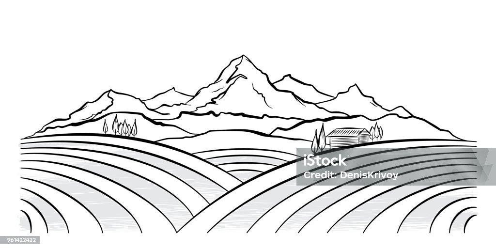 Had drawn mountains rural landscape with fields and farm. Sketch line design Vector illustration: Had drawn mountains rural landscape with fields and farm. Sketch line design Logo stock vector