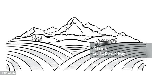 Had Drawn Mountains Rural Landscape With Fields And Farm Sketch Line Design Stock Illustration - Download Image Now