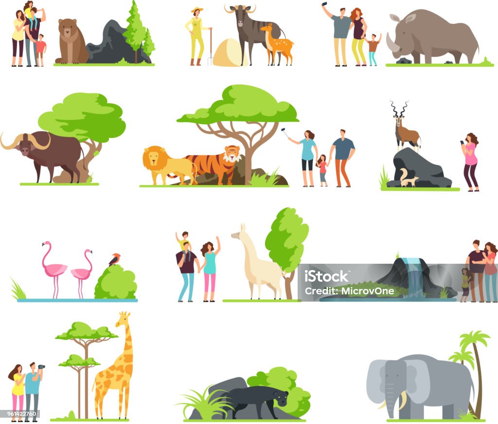 Happy families, kids with parents and wild zoo animals in wildlife park. Vector cartoon set isolated on white background Happy families, kids with parents and wild zoo animals in wildlife park. Vector cartoon set isolated on white background. Illustration of giraffe and bird, bear and panther Zoo stock vector