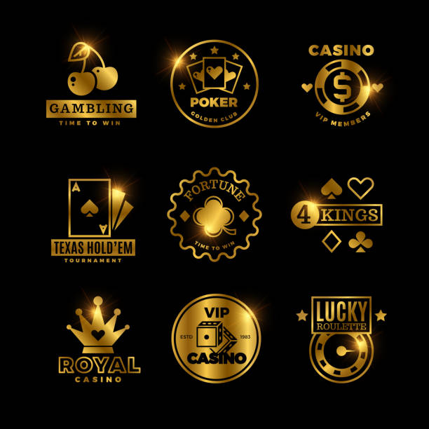 goldene glücksspiel, casino, königliche pokerturnier, roulette-vektor-etiketten, embleme, logos und abzeichen - cards poker gambling chip dice stock-grafiken, -clipart, -cartoons und -symbole