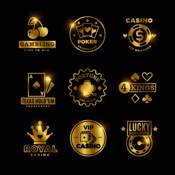 Vector illustration of Golden gambling, casino, poker royal tournament, roulette vector labels, emblems, logos and badges
