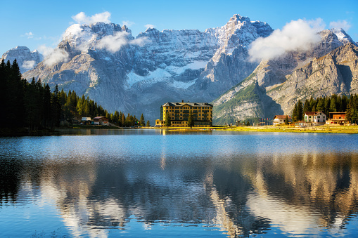 Breathtaking landscape of Lake Misurina with Dolomites mountain in background, Italy. Panoramic nature landscape of travel destination in Eastern Dolomites in Italy.