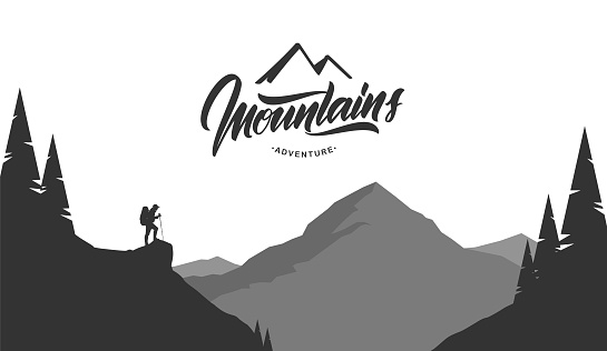 Vector illustration: Cartoon mountains grayscale landscape with hiker on foreground