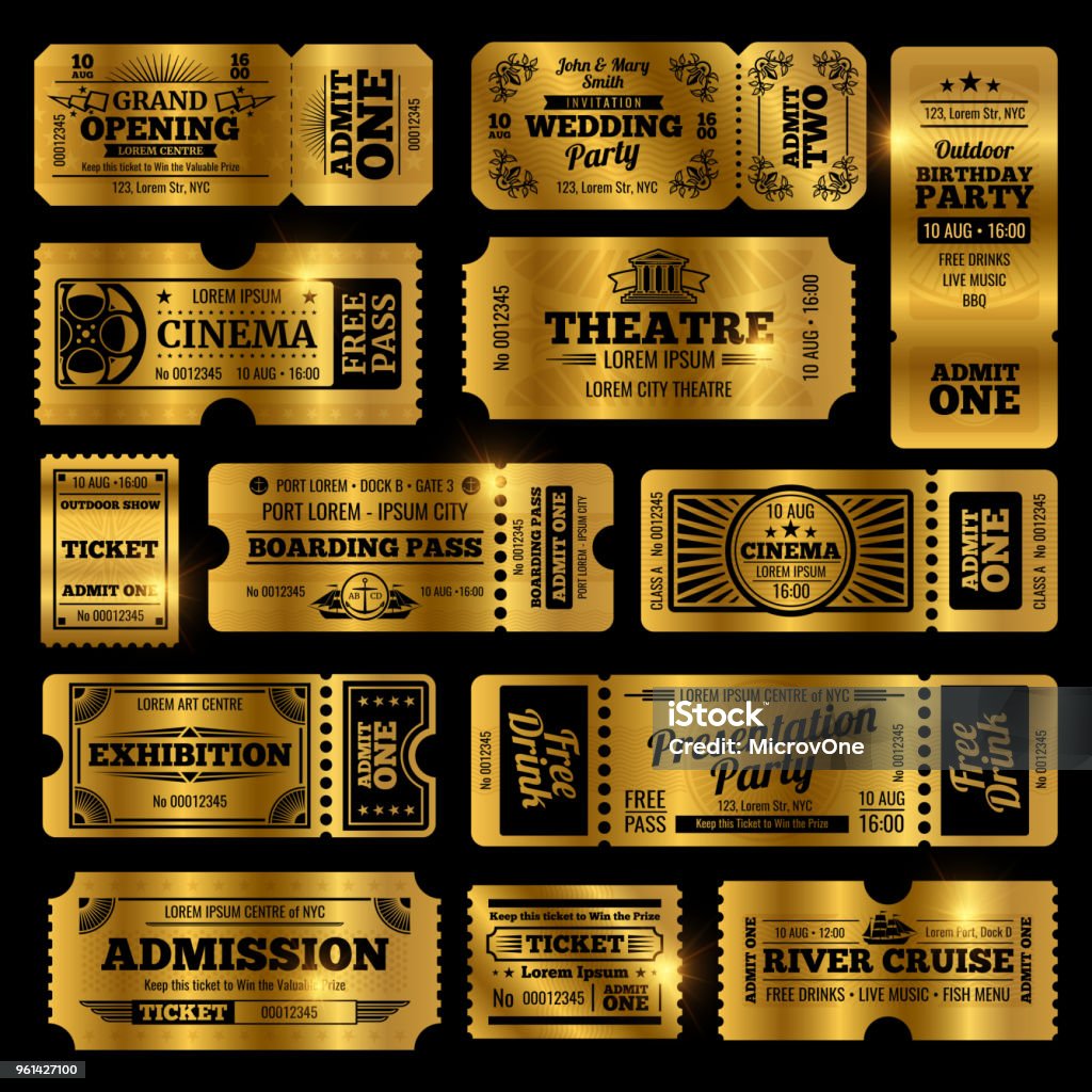 Cirque, parti et cinéma vector vintage admission modèles de billets. Billets or isolées sur fond noir - clipart vectoriel de Ticket libre de droits