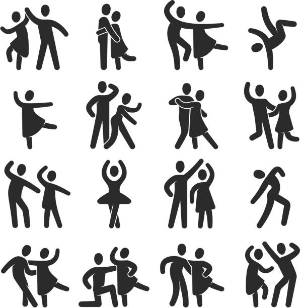 Happy dancing people icons. Modern dance class vector silhouette symbols. Illustration of dance people, female and male, monochrome dancer performance