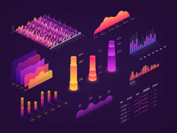 Vector illustration of Futuristic 3d isometric data graphic, business charts, statistics diagram and infographic vector elements