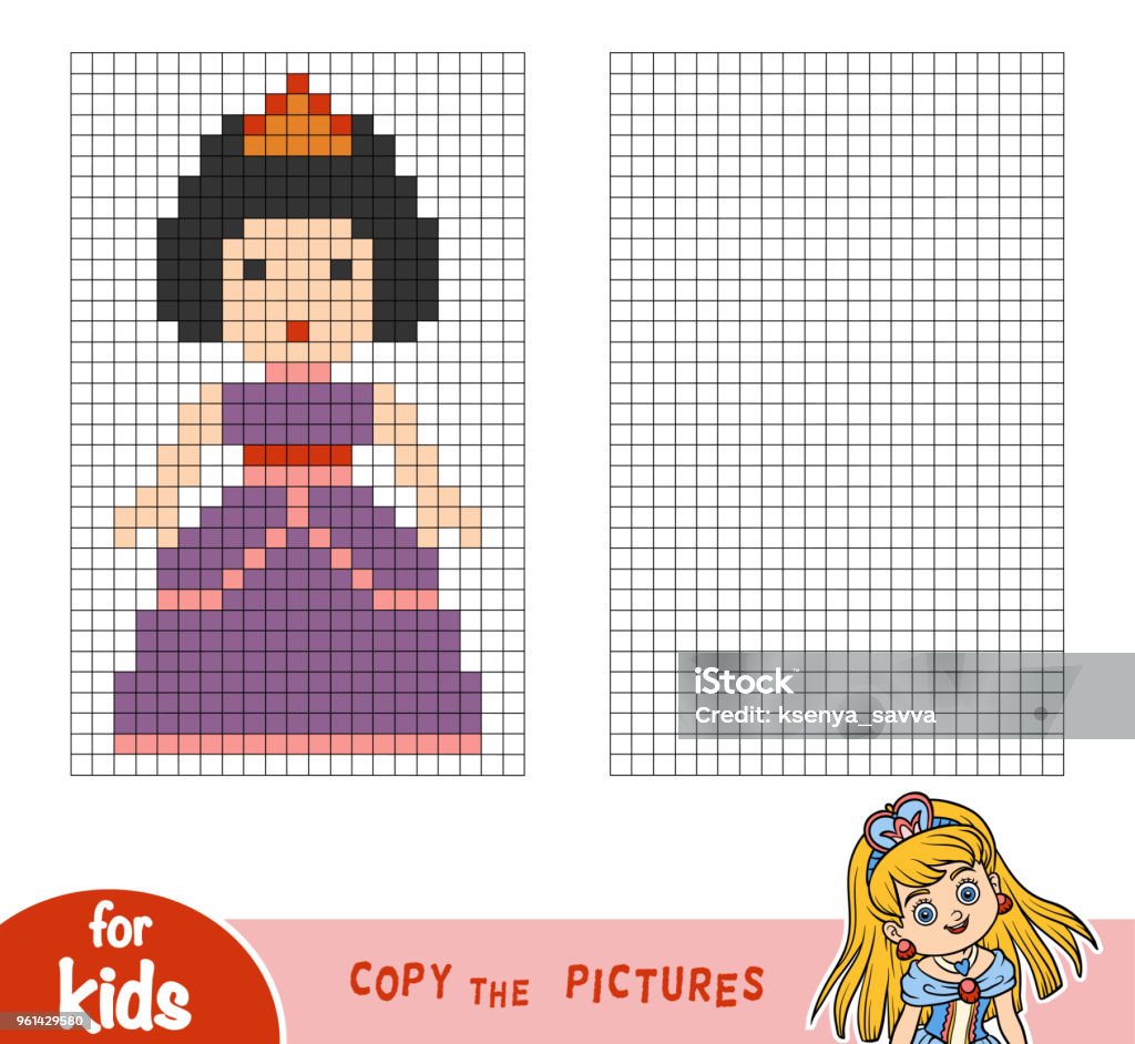 Copy the picture, education game, Princess Copy the picture by squares, education game for children, Princess Book stock vector
