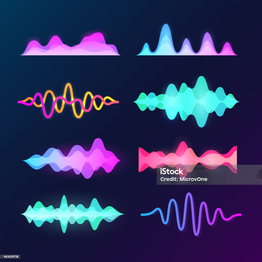 明るい色音声波暗い背景に分離されました。抽象的な波形、音楽イコライザーとパルス波ベクトルを設定 - 音のロイヤリティフリーベクトルアート