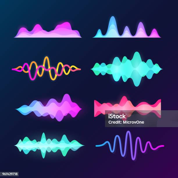明るい色音声波暗い背景に分離されました抽象的な波形音楽イコライザーとパルス波ベクトルを設定 - 音のベクターアート素材や画像を多数ご用意 - 音, 波形パターン, レコーディング機器