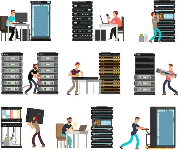 Vector illustration of Man engineer, technician working in server room. Digital computer center support, data storage. Vector cartoon characters set isolated