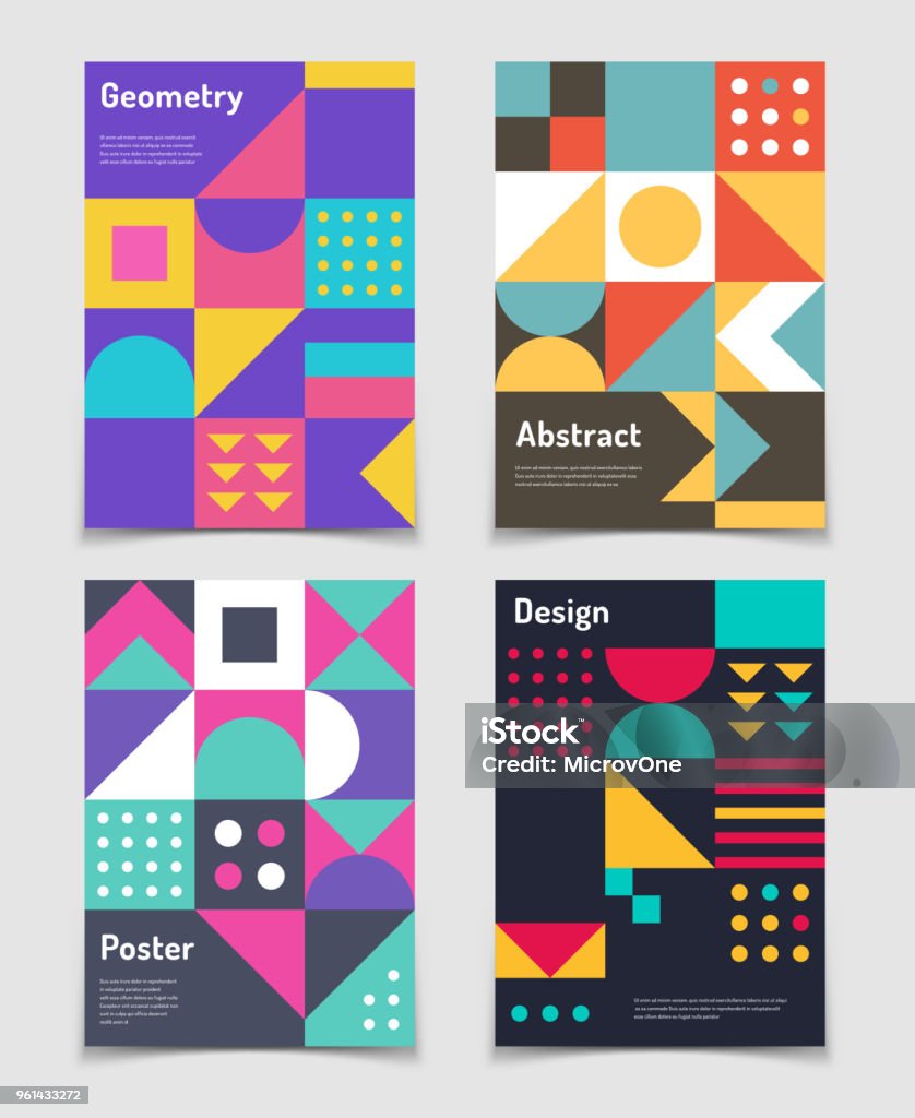 Retro swiss graphic posters with geometric bauhaus shapes. Vector abstract backgrounds in old modernism style. Vintage journal covers Retro swiss graphic posters with geometric bauhaus shapes. Vector abstract backgrounds in old modernism style. Vintage journal covers. Annual poster colorful shape illustration Pattern stock vector