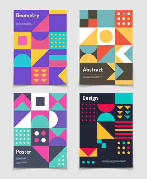 Vector illustration of Retro swiss graphic posters with geometric bauhaus shapes. Vector abstract backgrounds in old modernism style. Vintage journal covers