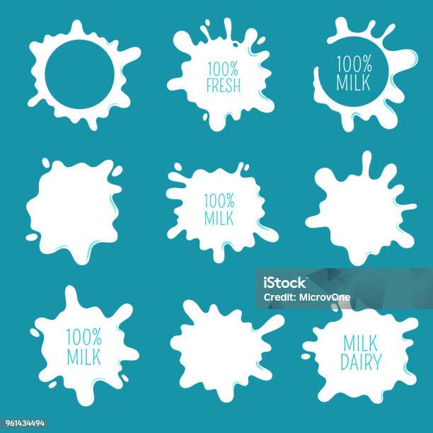 Cow Milk Blots Splashes And Drops Farm Fresh Dairy Product Vector Labels And Logos Isolated Stock Illustration - Download Image Now