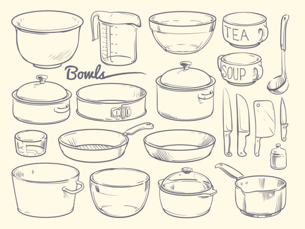 ilustrações de stock, clip art, desenhos animados e ícones de doodle cooking equipment and kitchen utensils. hand drawn vector kitchenware isolated - panela com cabo