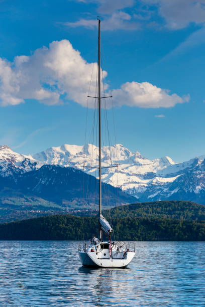 segelboote auf dem thunersee (thunersee) infornt der alpen berg am abend - lake thun swiss culture switzerland berne stock-fotos und bilder