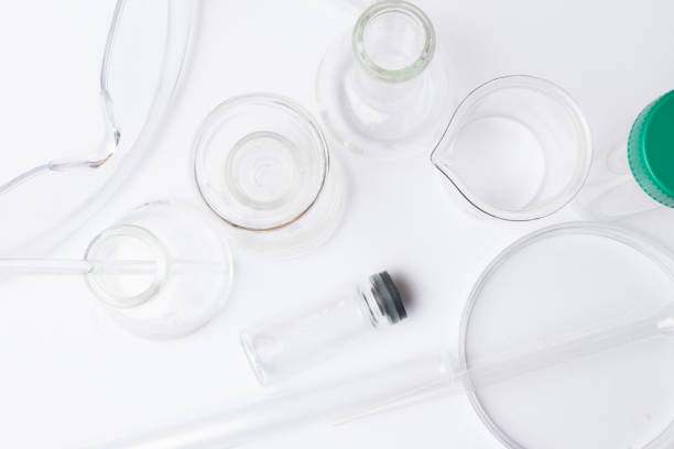 Empty clean laboratory glassware on white background