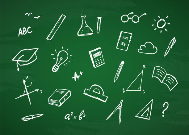 istock Vector hand drawn set of doddles supplies on chalkboard background. 961442662