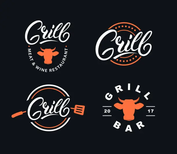 Vector illustration of Set of hand written lettering grill logo