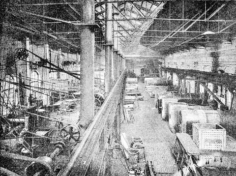 Boiler Shop - manufacturing steam trains. Heavy industry inside a train yard in York and Newcastle from the pre-1900 book \