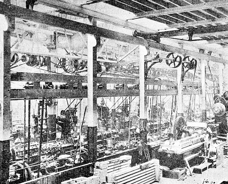 Machine Shop in Stratford. Heavy industry inside a train yard in Stratford from the pre-1900 book \