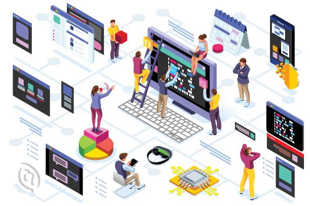 Programming software interface vector Programming software interface on device by engineers. Application for company project. A space of professional solutions for systems and softwares. Conceptual illustration. Isometric people vector. matrix color chart stock illustrations