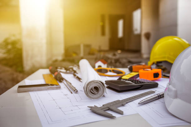istock Engineering diagram blueprint paper drafting project sketch architectural. industrial drawing detail and several drawing tools 961452318
