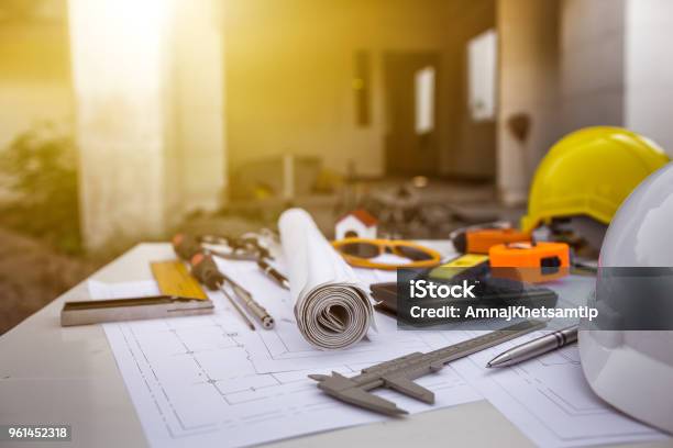 Engineering Diagram Blueprint Paper Drafting Project Sketch Architectural Industrial Drawing Detail And Several Drawing Tools Stock Photo - Download Image Now