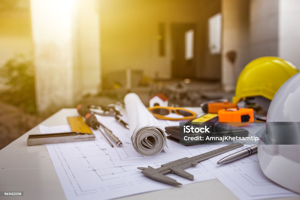 Engenharia diagrama modelo papel elaboração projeto desenho arquitetônico. industrial, desenho de detalhe e várias ferramentas de desenho - Foto de stock de Setor de construção royalty-free