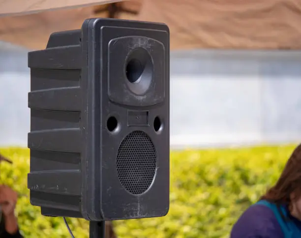 Photo of Standing speaking projecting music at a musical performance