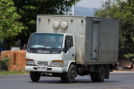 Chiangmai, Thailand - April 8, 2018: Cold Container Truck for Ice Transportation. Photo at road no.121 about 8 km from downtown Chiangmai, thailand.