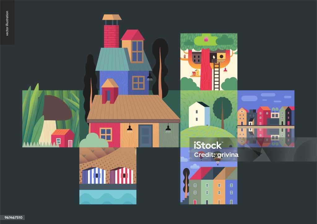 Simple things - houses composition Simple things - houses - flat cartoon vector illustration of landscape, treehouse, countryside stripped and tiny mushroom house, chimney, trees, townhouses, river, air balloon - houses composition House stock vector