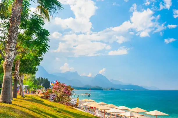 Photo of Beautiful beach with green trees in Kemer, Turkey.
