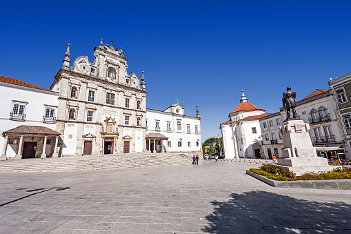 Sa da Bandeira Square with a view of the Santarem See Cathedral aka Nossa Senhora da Conceicao Church, built in the 17th century Mannerist style. Portugal