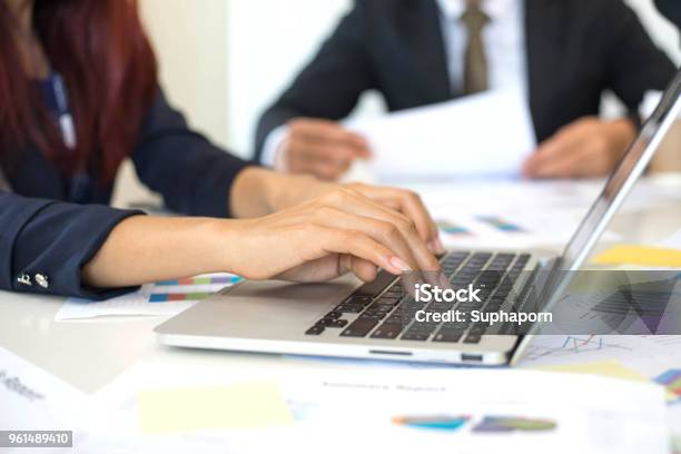 Close Up Hand Of Business Woman Employees Secretary Using Laptop Minutes Of Executive Meeting Business Concept Stock Photo - Download Image Now