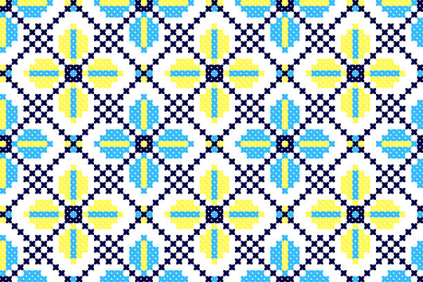 ilustrações de stock, clip art, desenhos animados e ícones de embroidered good like old handmade cross-stitch ethnic ukraine pattern - embroidery cross stitch textured linen