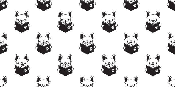 Dog seamless pattern french bulldog pug isolated reading book background repeat wallpaper Dog seamless pattern french bulldog pug isolated reading book background repeat wallpaper bulldog reading stock illustrations