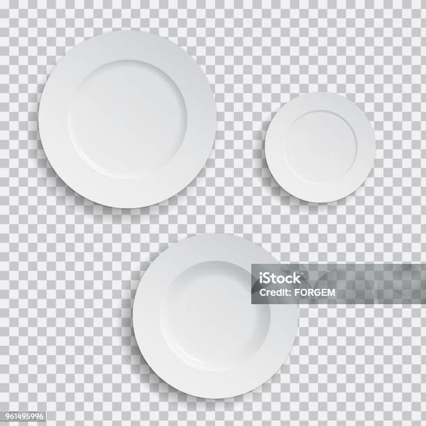 Set Of Realistic White Plates On Transparent Background Vector Stock Illustration - Download Image Now