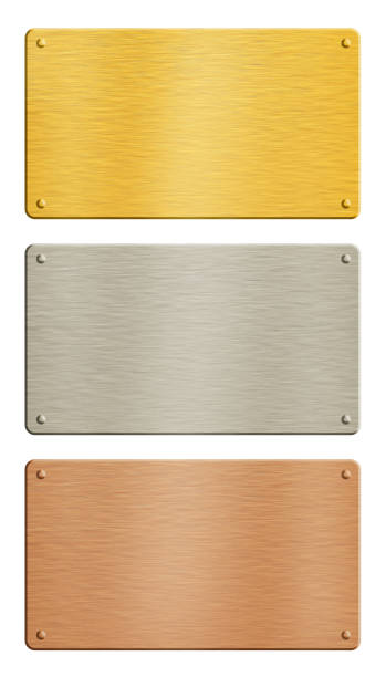 placas de metal oro, plata, cobre sobre blanco - metal stud fotografías e imágenes de stock