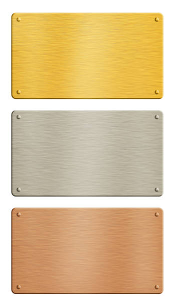 Gold, silver, copper metal plates over white