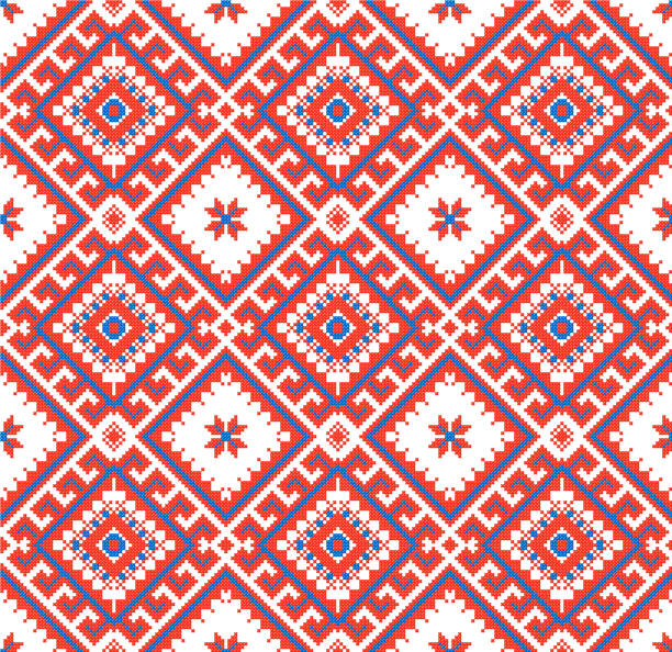 ilustrações de stock, clip art, desenhos animados e ícones de embroidered good like old handmade cross-stitch ethnic ukraine pattern - embroidery cross stitch textured linen