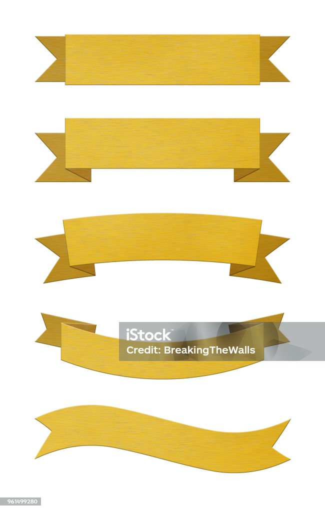 Set of brushed gold metal ribbon banners Set of five different brushed gold metal ribbon banners isolated on white background Award Ribbon Stock Photo