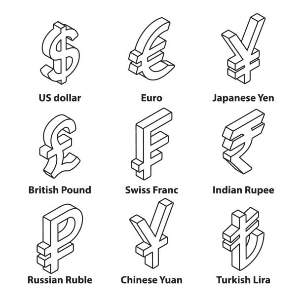 illustrations, cliparts, dessins animés et icônes de monnaies fine ligne symbole isométrique icônes définies. vector. - swiss currency franc sign switzerland currency