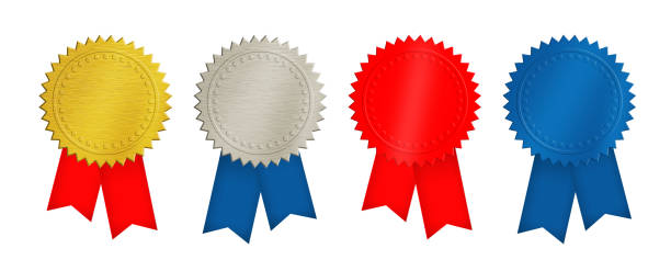 Gold, silver, red and blue coins or medals