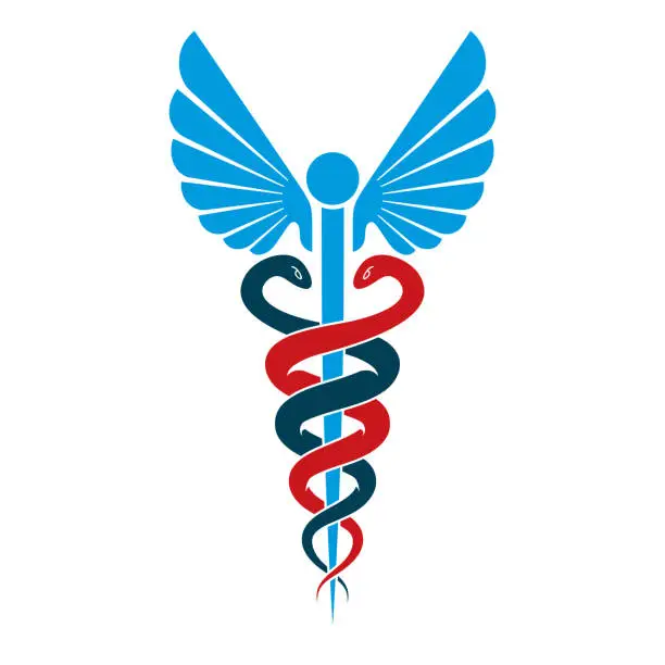 Vector illustration of Caduceus symbol made using bird wings and poisonous snakes, healthcare conceptual vector illustration.