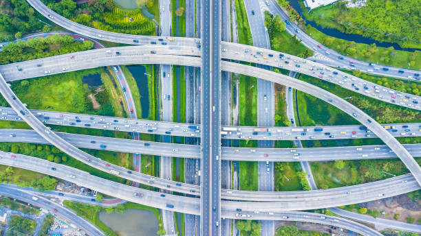 istock Aerial view of Traffic trails on highway intersection 961508046
