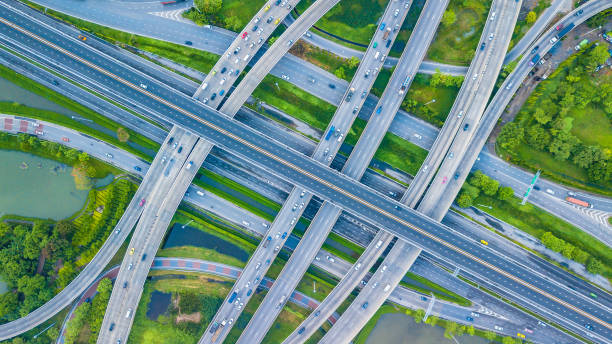 istock Aerial view of Traffic trails on highway intersection 961508132