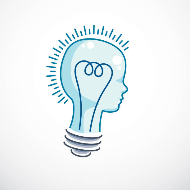 ilustrações de stock, clip art, desenhos animados e ícones de creative brain concept, intelligent person vector symbol. light bulb in a shape of child head profile. bright mind, thinking and brainstorming idea icon. - child prodigy