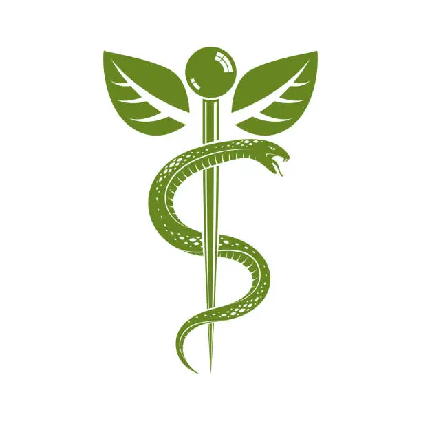 Vector illustration of Caduceus symbol, healthcare conceptual vector illustration. Homeopathy creative emblem.