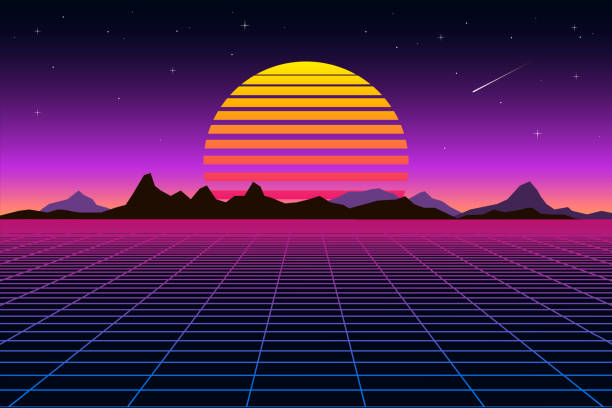 ilustrações, clipart, desenhos animados e ícones de estilo de fundo retrô paisagem futurista da década de 1980. superfície de cyber digital paisagem retrô. música retrô álbum capa modelo sol, espaço, montanhas - pattern music backgrounds city