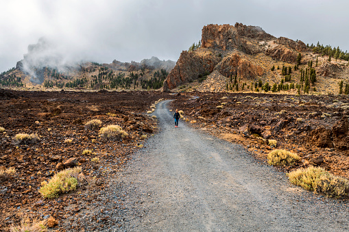 Mature woman photographs a road under the El Tido volcano, Tenerife, Spain,no logos,Nikon D850